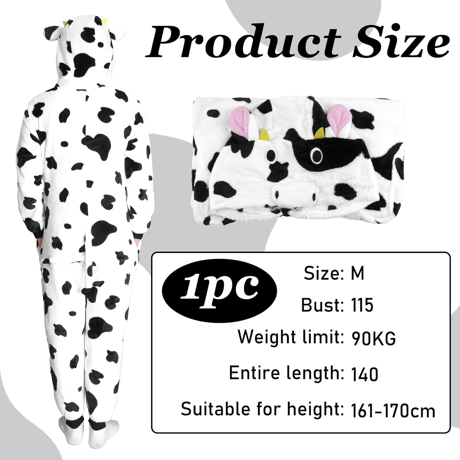 1 Pcs Halloween Costumes for Adults Cow Costume,Halloween Funny Cow Pattern Plush Costume,Couples Halloweens Funny Cows Pajamas Costumes Women,for Height Men Women Wear(63-66inchs) - Image 3