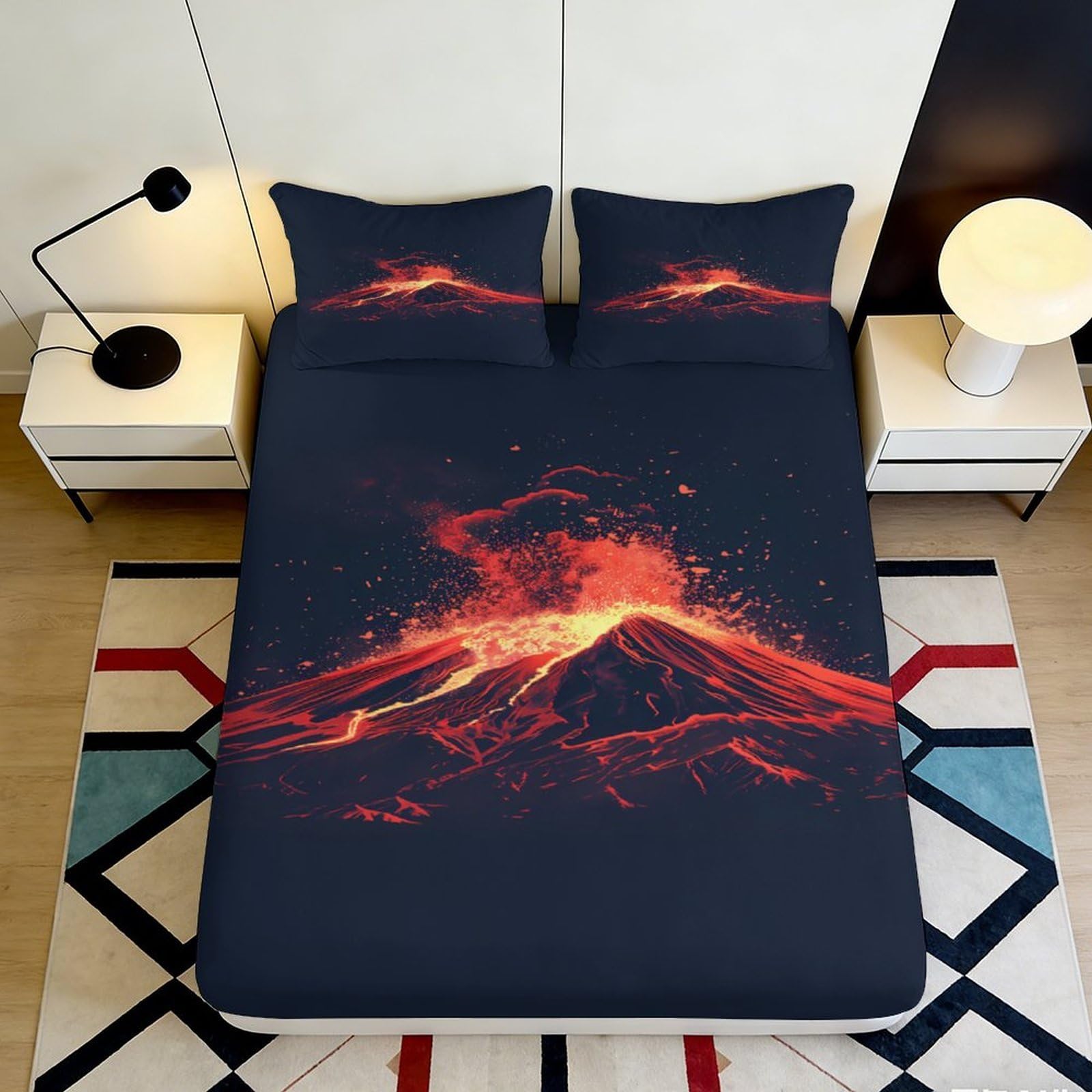 3D Printed Volcano Eruption Fitted Sheet Microfiber Soft Breathable Lava Fire Bed Cover for Bedroom Dorm Mattress Protection Decor 180x200x25cm