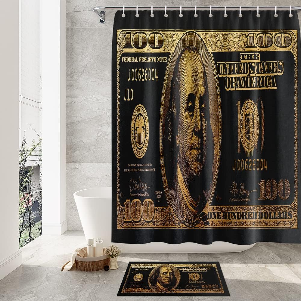 GUBIYU Black Gold 100 Dollar Bill Bathroom Set with Money Shower Curtain and Bills Rugs, Cool Bathroom Accessories 4 Pieces