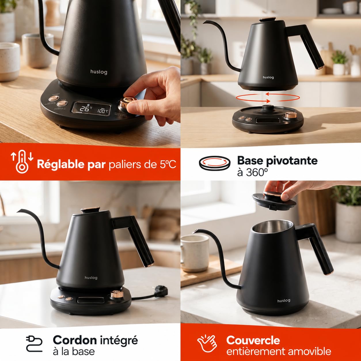 Bouilloire Électrique Col de Cygne 1 L, 1100 W, Température Réglable 40–100 °C, Écran LCD, Maintien au Chaud, Bec Précis, Inox, pour Café et Thé