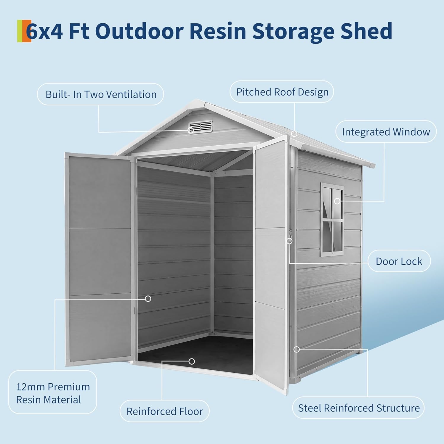 Resin Outdoor Storage Sheds 4x6 ft, Upgraded Double-Wall Outdoor Plastic Shed with Window & Double Doors, Waterproof Lockable Garden Shed (Light Gray, 6 X 4 ft)