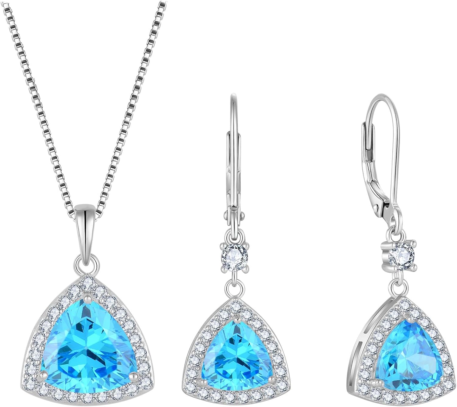 Triangle Jewelry Set for Women 925 Sterling Silver Halo Aquamarine Necklace Dangle Drop Leverback Earrings March Birthstone Jewelry for Her