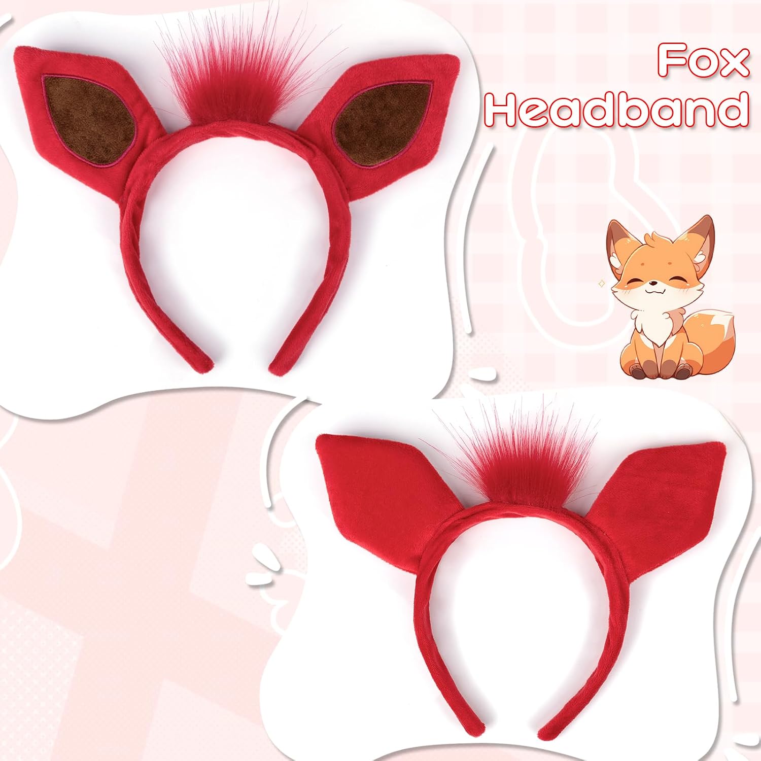 2PCS Fox Costume Accessories,Red Fox Ears Headband and Eye Patch for Adult Kids Halloween Dress Up