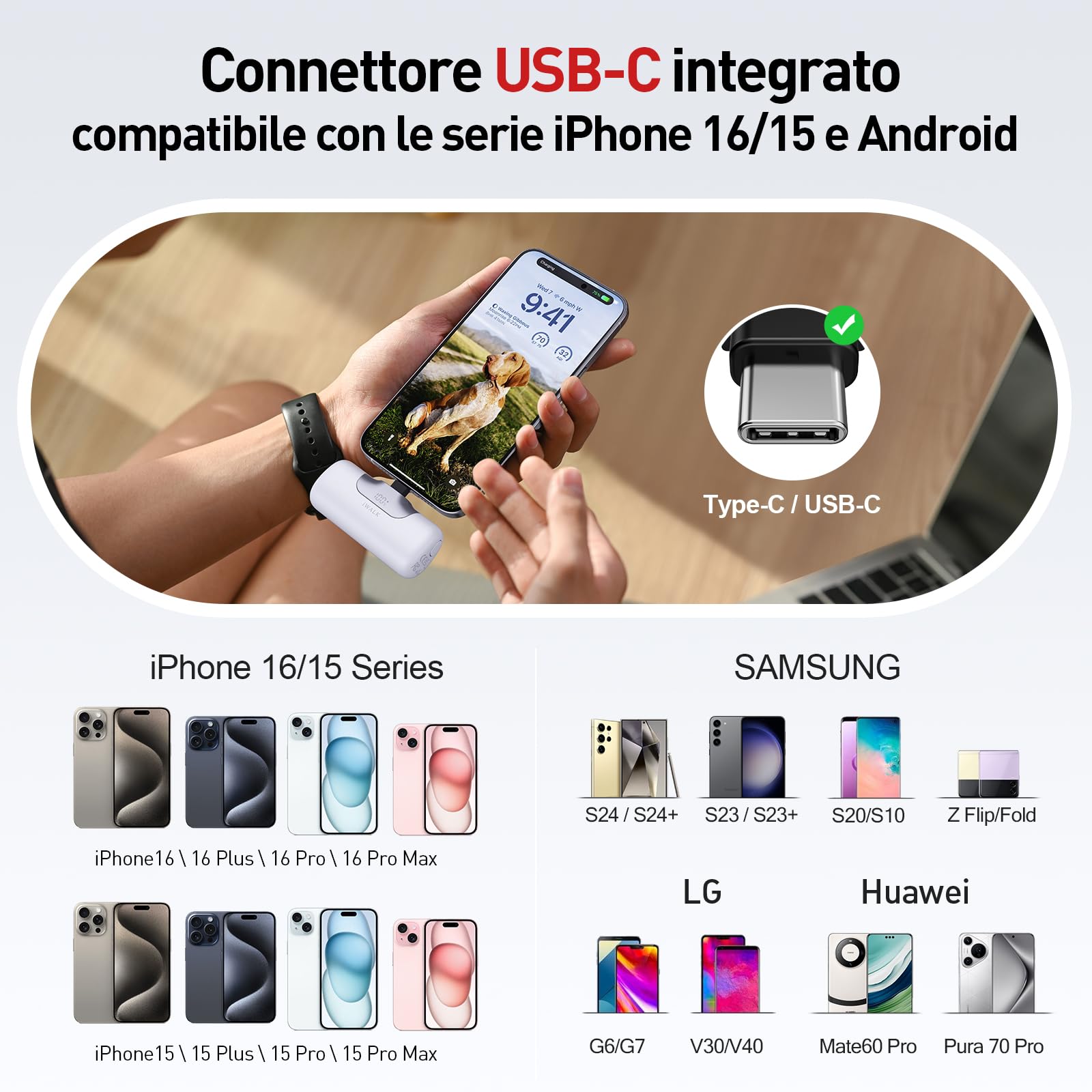 iWALK Power Bank Mini 5500mAh: Caricatore Portatile USB-C Compatto e Leggero, Ricarica Rapida 22,5W Compatibile con iPhone 16 Plus/16 Pro Max, iPad, Samsung Galaxy S24/S23, Android e Altri Dispositivi