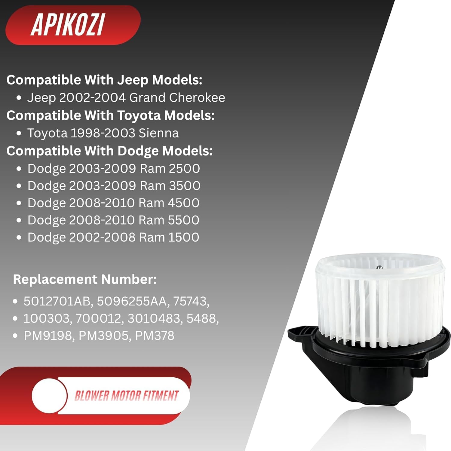 AC Heater Blower Motor fit for 2002-2008 Dodge Ram 1500/for 2003-2009 Dodge Ram 2500/for 2003-2009 Dodge Ram 3500/for 2009-2010 Dodge Ram 4500/for 2002-2004 Jeep Grand Cherokee, 700012, 5012701AB