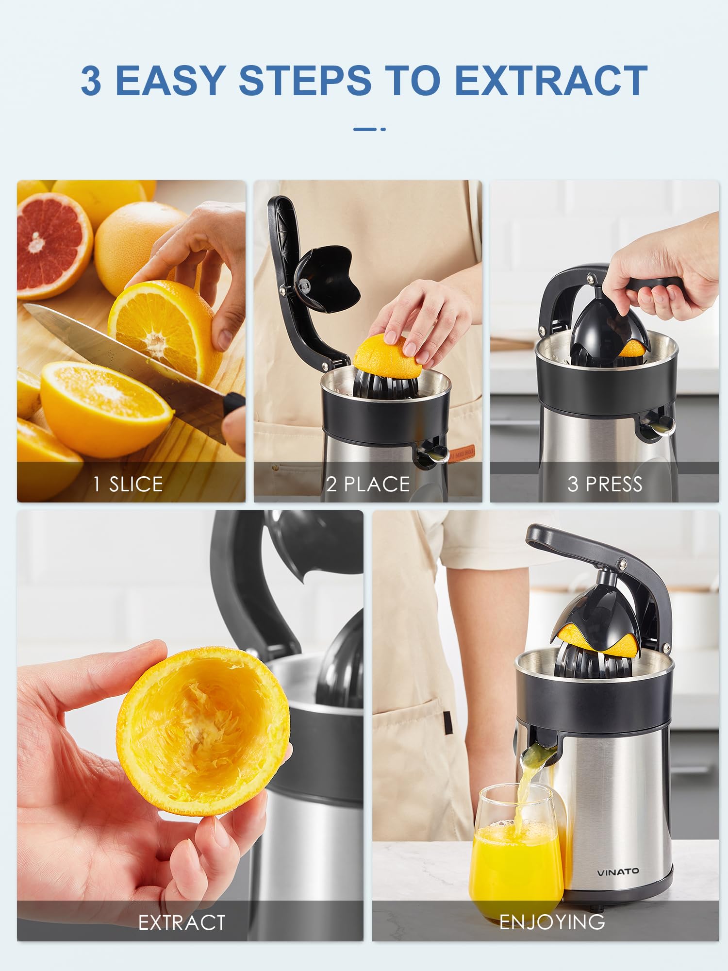 Vinato Presse agrumes électrique, presse-orange électrique avec 2 cônes interchangeables, lavable au lave-vaisselle, sans BPA, Presse agrumes électrique pour orange, citron et pamplemousse
