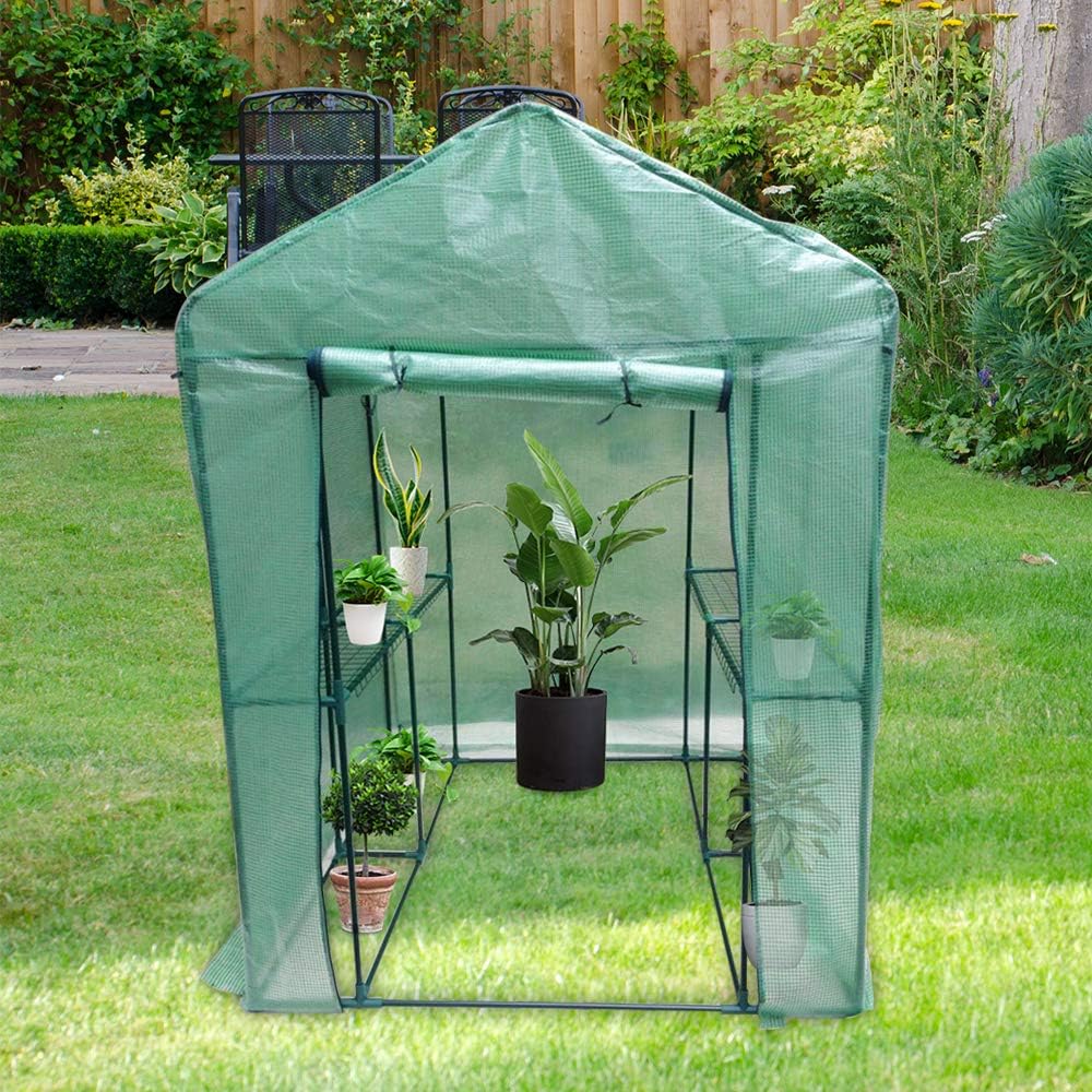 Agfabric Walk-in Greenhouses with Flower Stand and Roll-Up Zipper Door, Waterproof PE Greenhouse for Outdoor Grow Plants 55.9 L x 55.9 W x 73.2 H