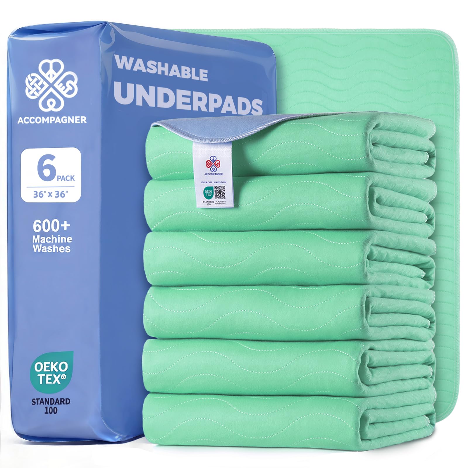 Accompagner Incontinence Bed Pads Washable Waterproof, Ultra-Absorbent Reusable Underpads for Diaper Changing, Nursing, Bedridden, Adults, Seniors, Kids and Dogs (Green, 36"x36"(Pack of 6))