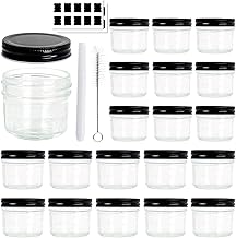CycleMore 4oz 20 Pack Clear Glass Jars with Black Lids, Small Wide Mouth Mason Jars Round Canning Jars Spice Jars for Honey, Jam, Herb, Baby Foods, Wedding Favor, Kitchen Storage