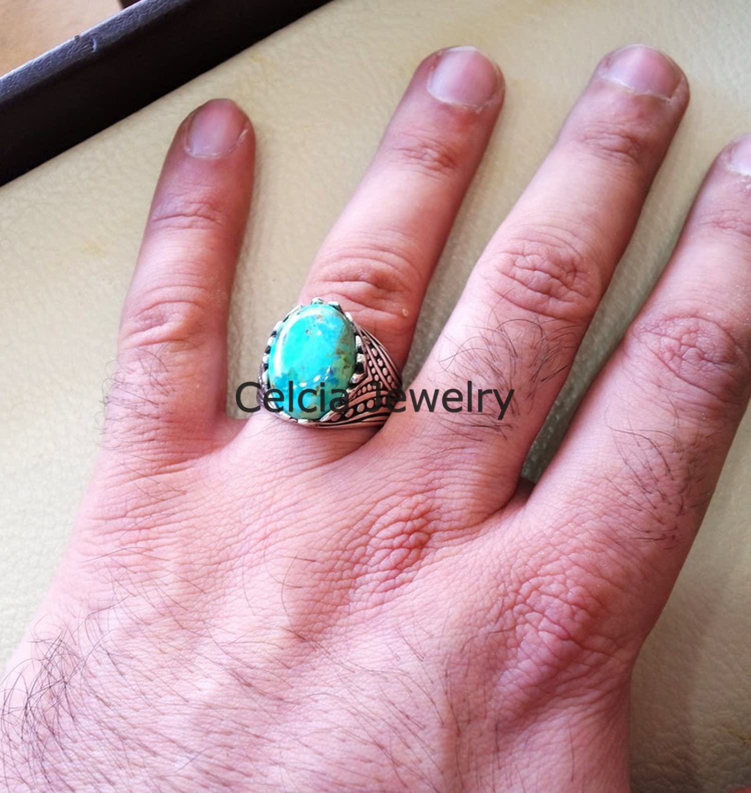 Anillo enorme de piedra preciosa azul turquesa natural de Arizona, joyería hecha a mano de plata de ley real para hombres, anillo pesado de piedra semipreciosa, anillo de promesa, anillo de moda
