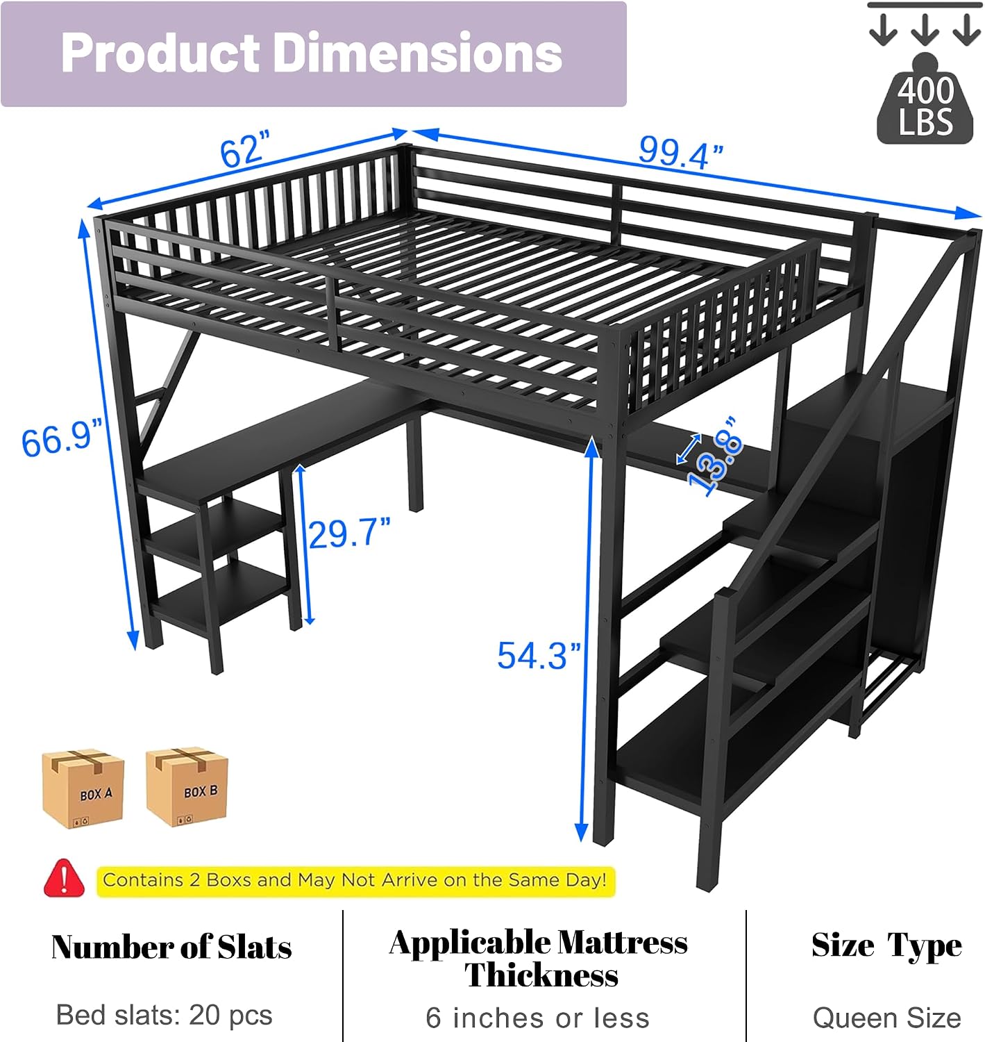 Queen Loft Bed with L-Shaped Desk and Stairs,Metal Heavy Duty Loft Beds with Wardrobe and Adjustable Shelf, Gaming LoftBed with LED and USB, Heavy Duty Adults Loft Bed,No Noise, Black
