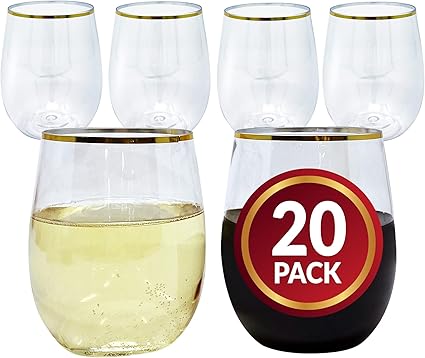 Reli. 12oz. Disposable Wine Glasses Gold-Rim (20 Pack) Stemless Crystal
