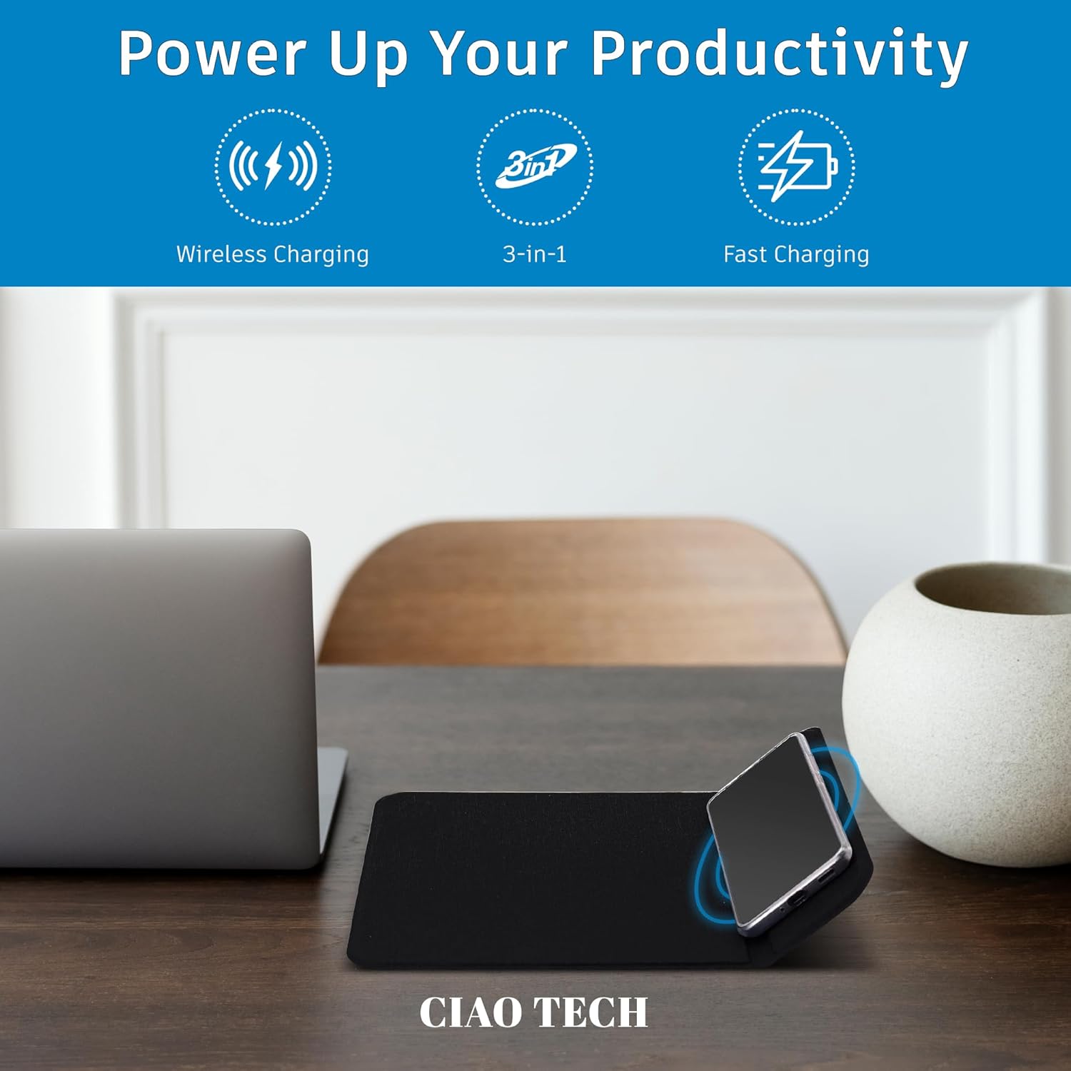 CIAO TECH mouse pad with a smartphone placed on its integrated stand, showing wireless charging in progress