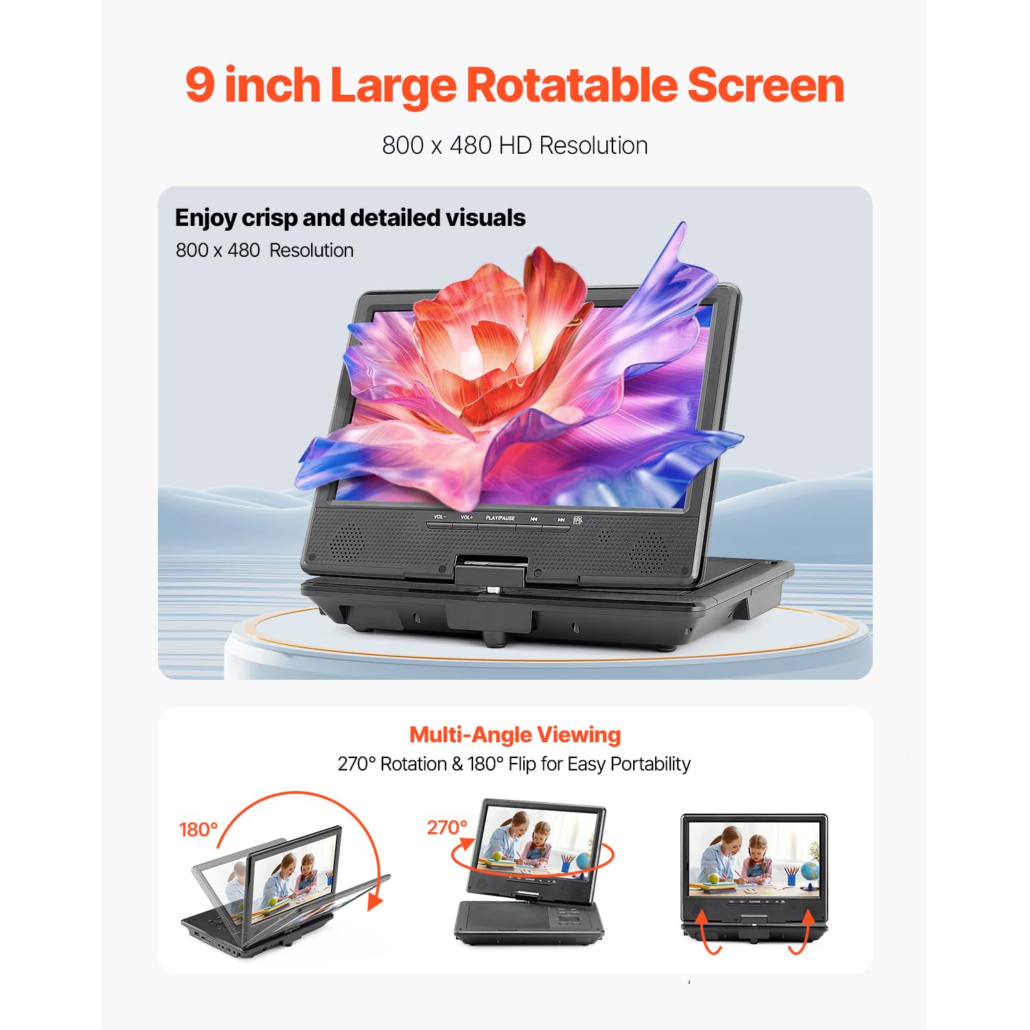 Happybuy Portable DVD Player - A Compact and Versatile Entertainment Device! Boasting a 9 - inch HD Swivel Display Screen with an 800 x 480 Resolution, it Offers Clear visuals