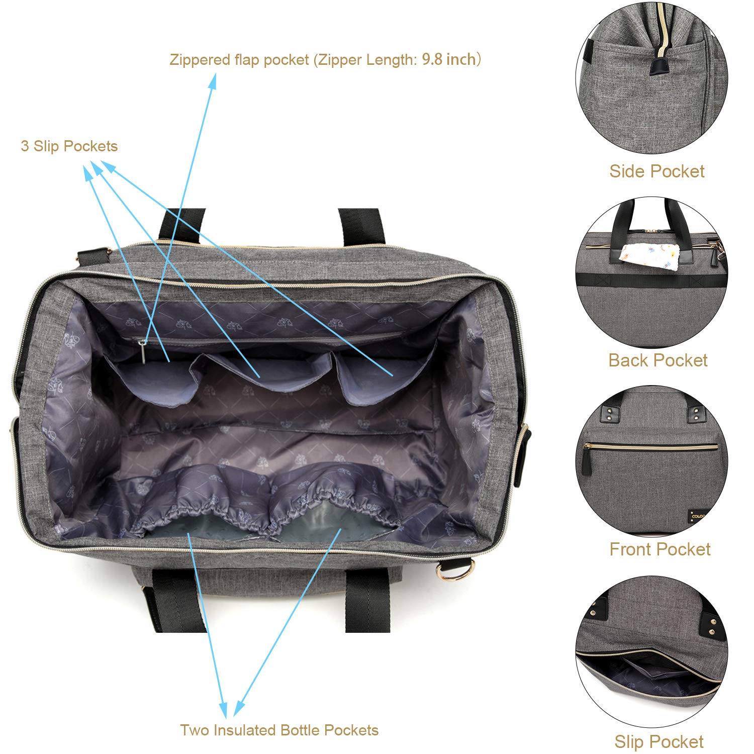 COLORLAND Diaper Tote Bags 2-in-1 Multi Styles with Cross Body Strap and Changing Pad for Parents On The Go (Heather Grey)