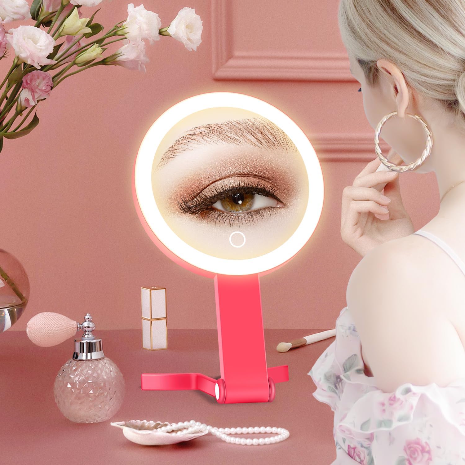 MIYADIVA Lighted Makeup Mirror, 30X Magnifying Mirror with Light, Hanging and Handheld Mirror with Handle, Red