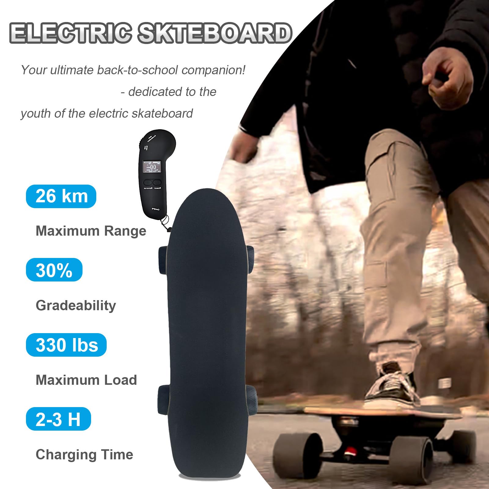 Skateboard elettrico per adulti, Dual Drive, velocità 45 km/h, autonomia 16 miglia, 30% di salita, ideale per passeggiate in città e in parco