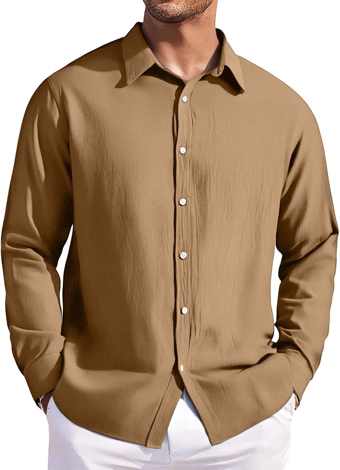 Ymosrh Men's Button Up Fall Shirts Long Sleeve Solid Casual Button Down Collar Dress Shirts, S-2XL