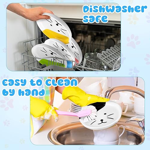 Miniatura 6 de Hillban Juego de 5 platos de cerámica para gatos, platos de comida para gatos poco profundos de 6 pulgadas, lindos cuencos planos y anchos coloridos