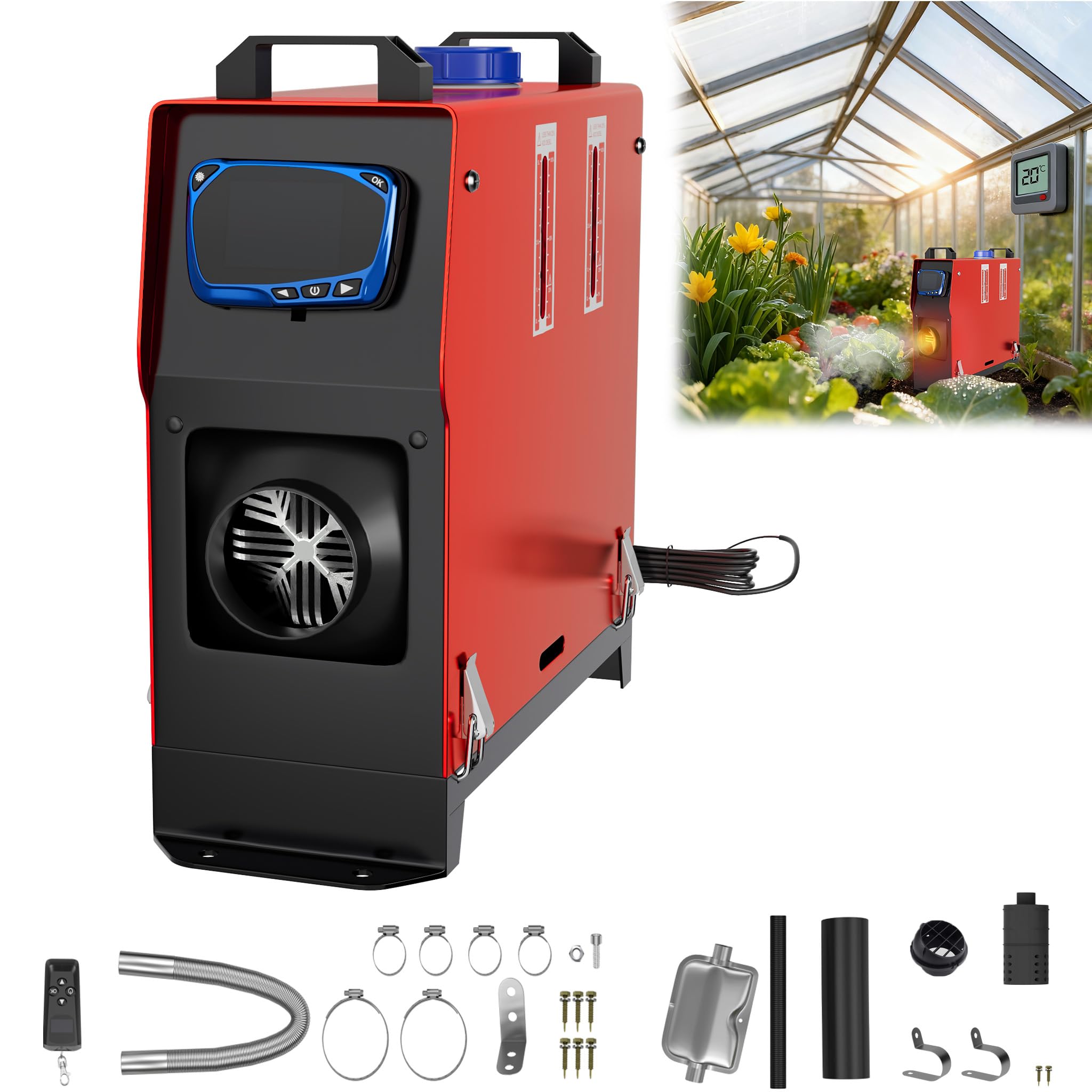 YRHome 12V Diesel Lufterhitzer Standhezung Diesel 8KW Air Diesel Air Standheizung Heizung Auto Heizung Dieselheizung mit Fernbedienung LCD & Luftauslass für LKW Wohnmobil Auto RV (Rot + Blau LCD)