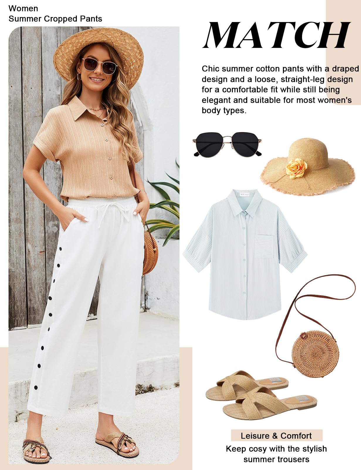 Voqeen Pantalon Femme Été 7/8 Pantacourt Fluide Léger avec Poches Pants de Plage Ample Décontracté Taille Elastique en Coton Pantalon de Travail avec Cordon