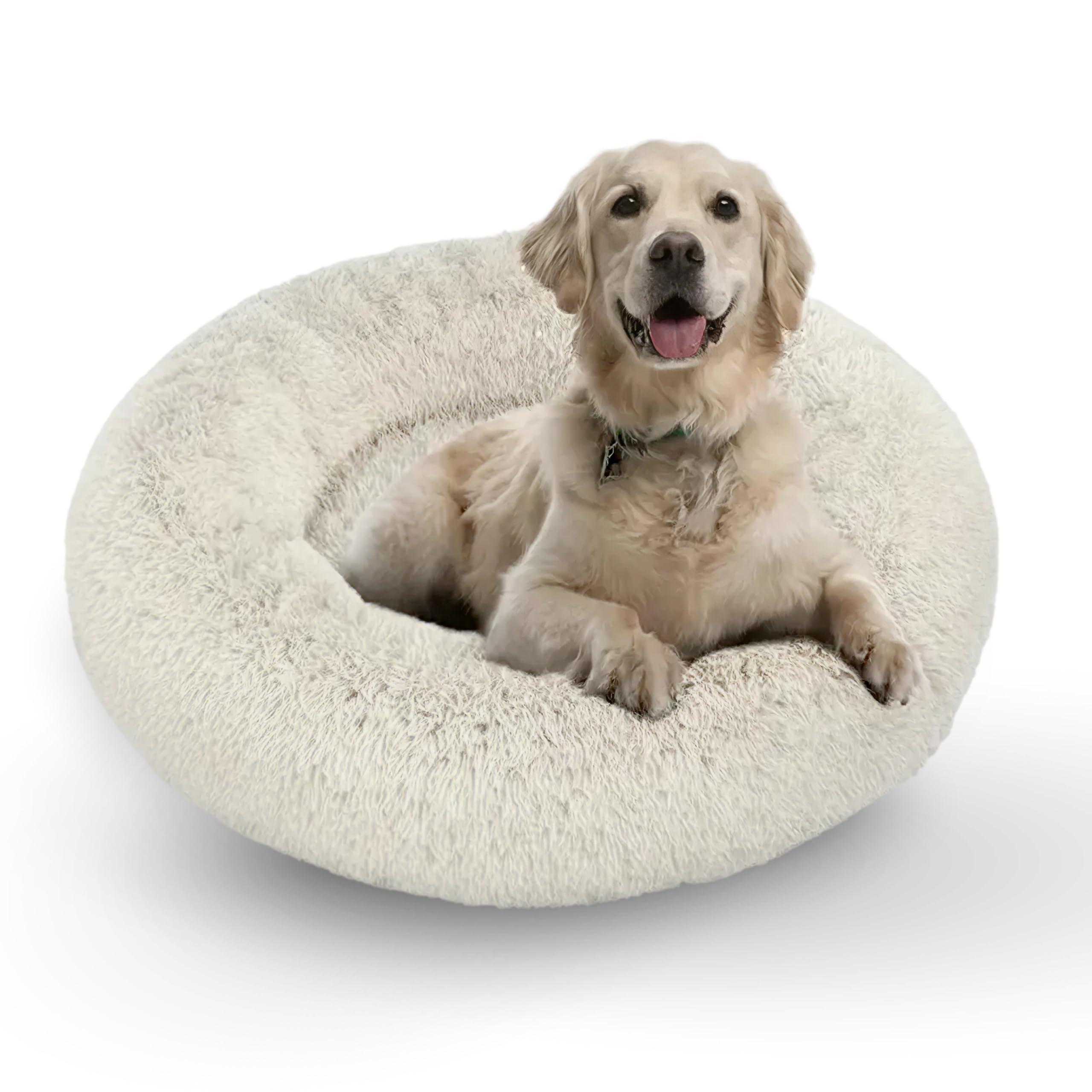 Active Pets Calming Plush Dog Bed Donut Joint Support Anxiety Relief Washable Pet Bed with Removable Cover for Dogs Cats, Large 36", Beige