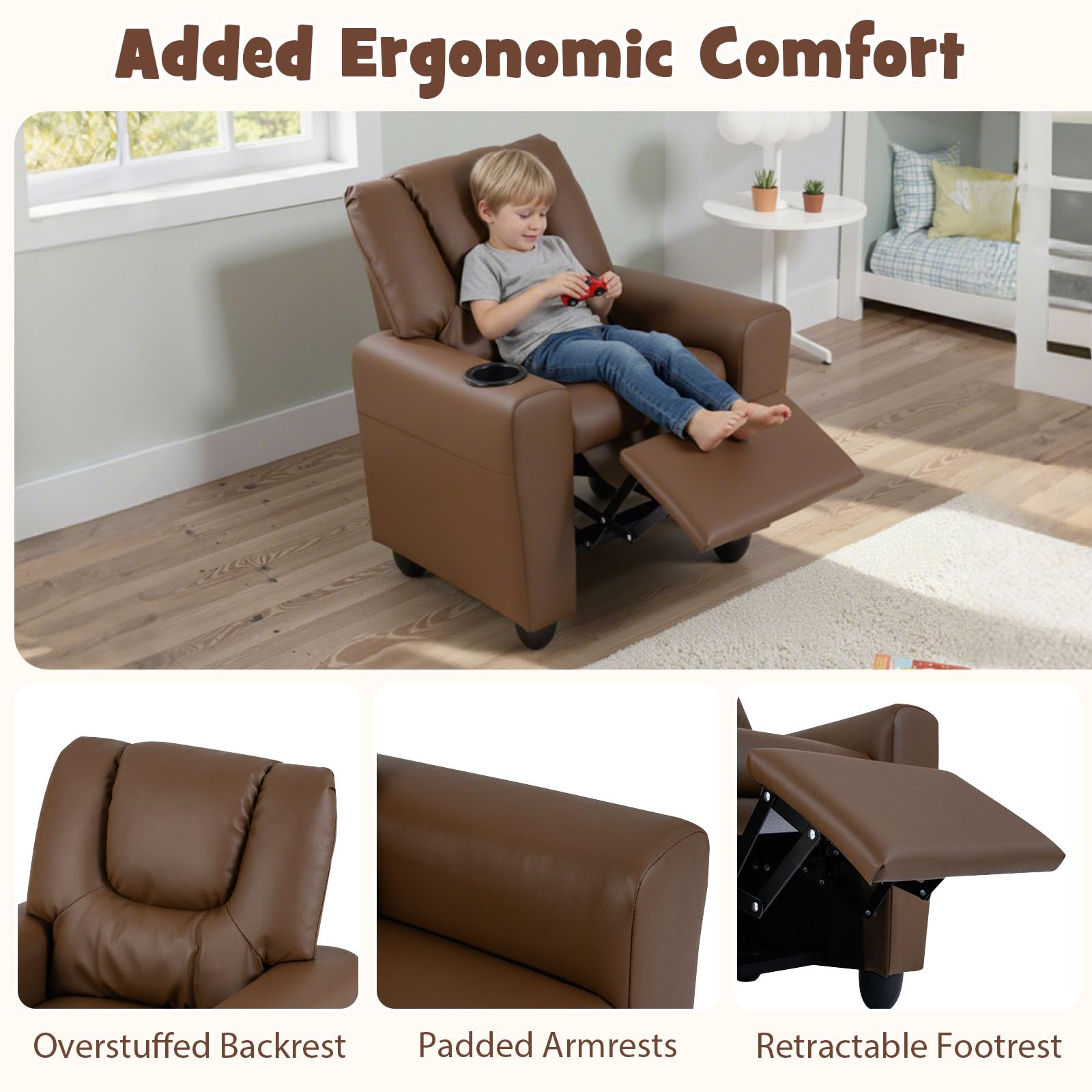 LIFEZEAL Kindersofa, Kindersessel mit Liegefunktion, 2-in-1-Relaxsessel für Kinder, Kindercouch mit Verstellbarer Fußstütze & Getränkehalter, Kleines Sofa für Kinderzimmer, Spielzimmer (Braun)