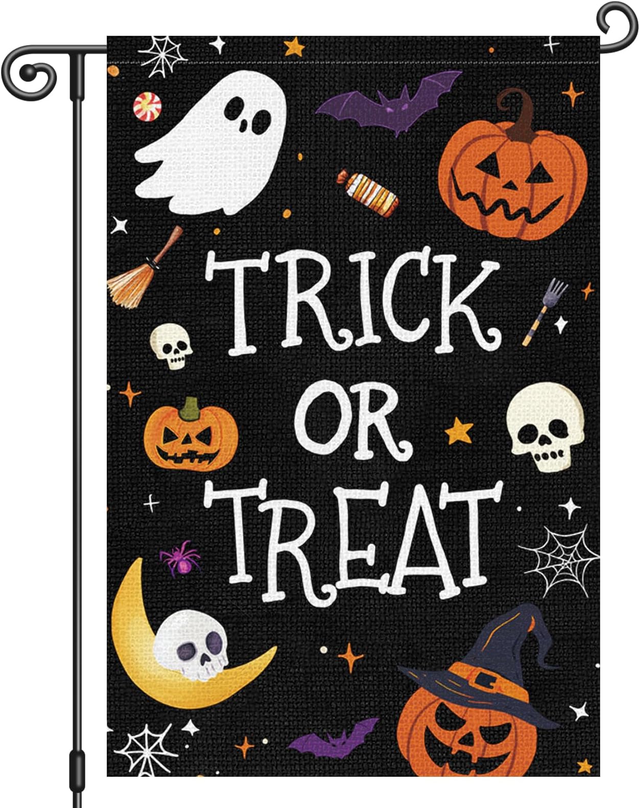 Heyfibro Halloween Trick or Treat Garden Flag 12x18 Inch Double Sided Funny Ghost Skeleton Pumpkin Yard Flag Burlap Spider Bat Small Halloween Flags for Outside House Farmhouse Decoration