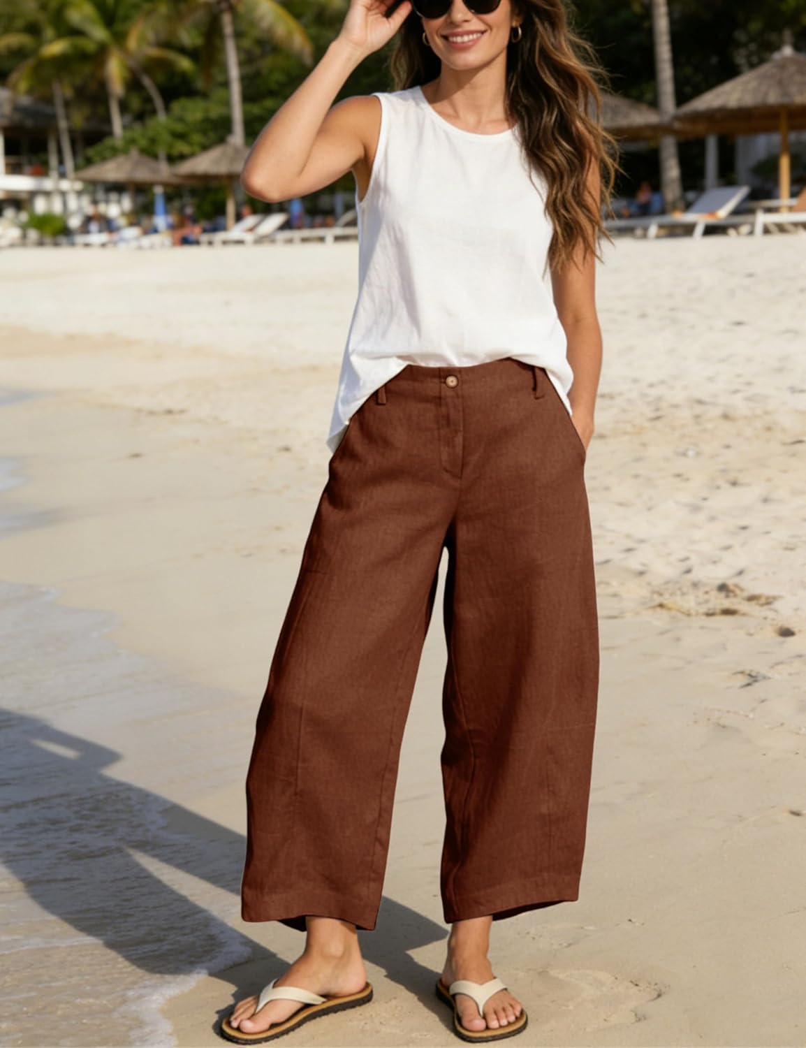 Athlisan Womens Linen Barrel Pants Casual Baggy Wide Leg Palazzo Trousers Summer Beach Capri Pants - Image 5
