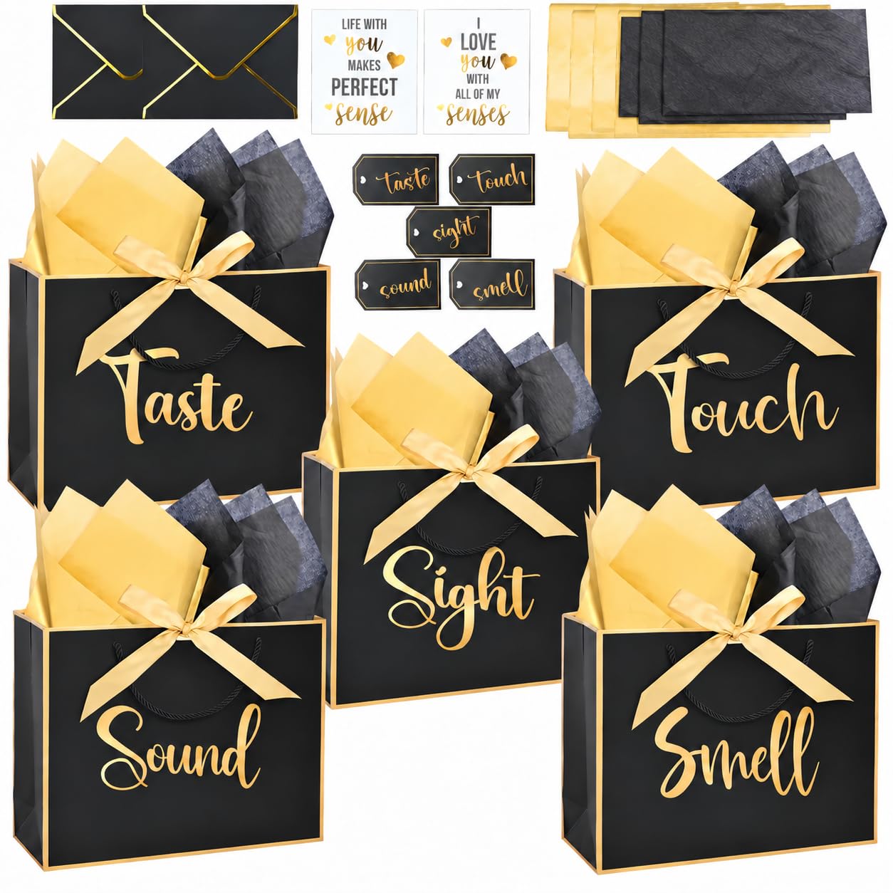 Large 5 Senses Gift Bags for Him Her, Gold Foil Sight Smell Touch Taste Sound Gift Bags,Five Senses Gift Bag for Him with Handles and Tissue Paper for Birthday, Mothers Day, Anniversary, Christmas12 x