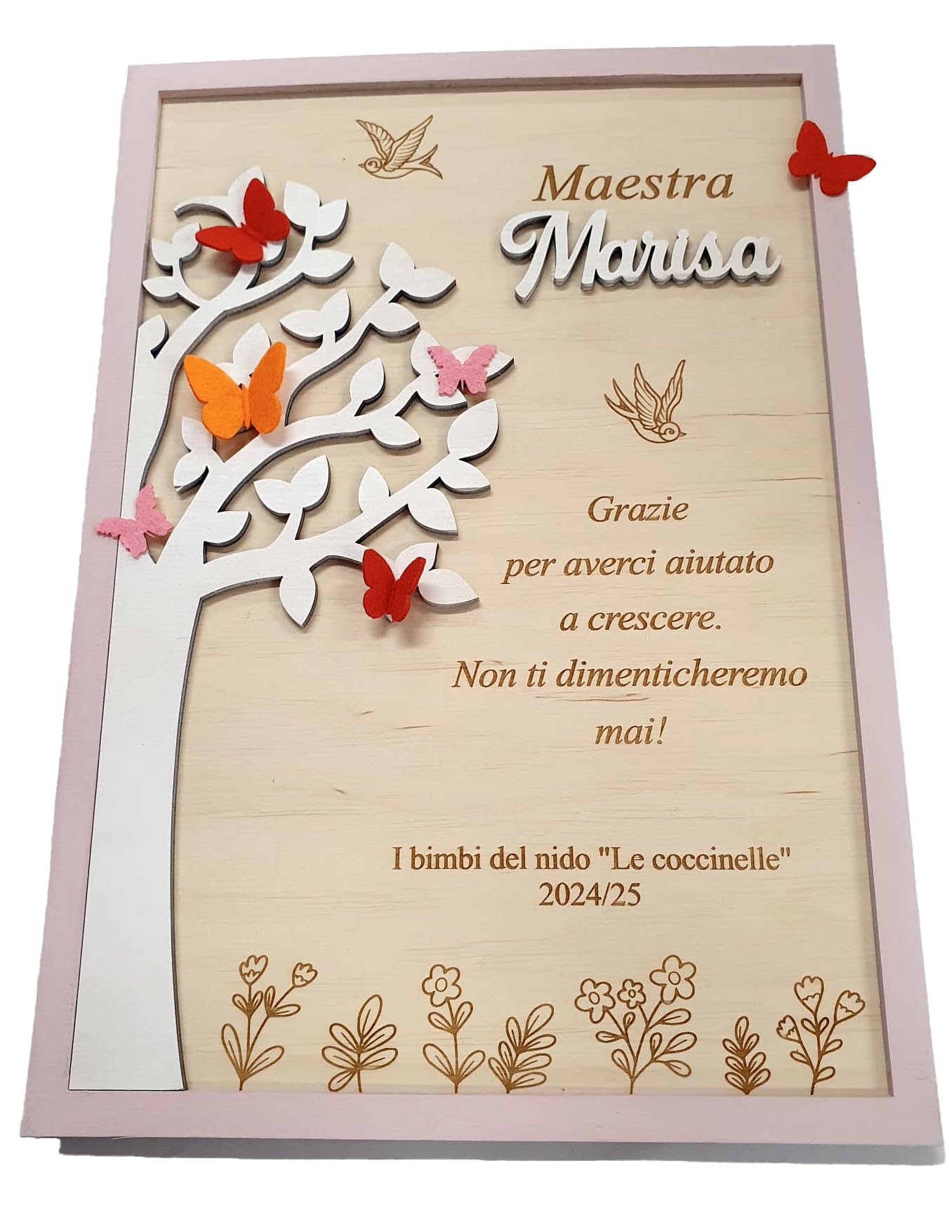 Quadro di Ringraziamento per Maestra Maestro Personalizzato, Decorazione in Legno con Farfalle ed albero della vita, idea regalo di fine anno, chiusura scuola - dedica personalizzata