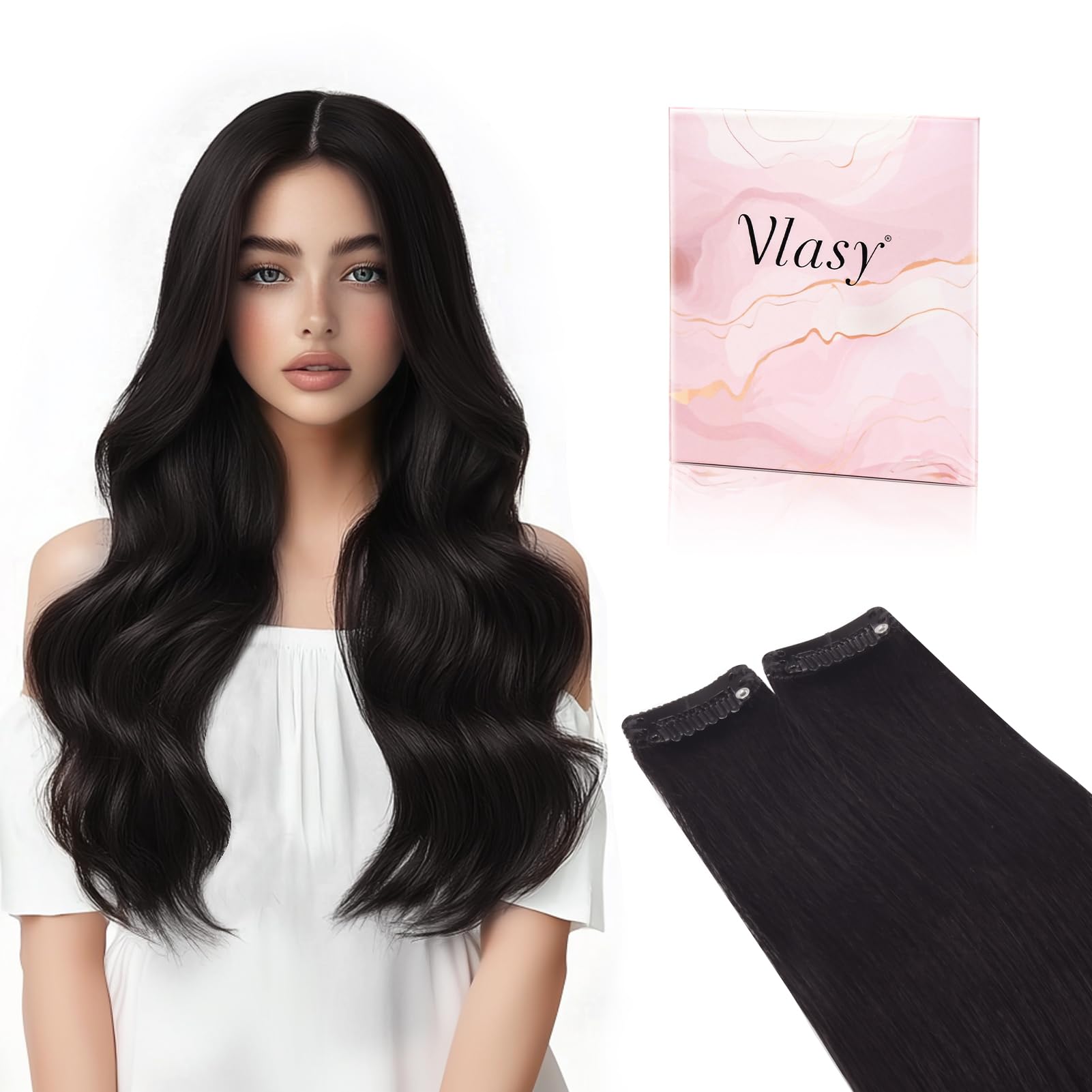 Vlasy Clip in Hair Extensions Real Human Hair, 2 Pcs Seamless Human Hair Extensions Clip in, Straight Natural Black Double Weft Real Hair Clip Extensions 1B# 16 Inch