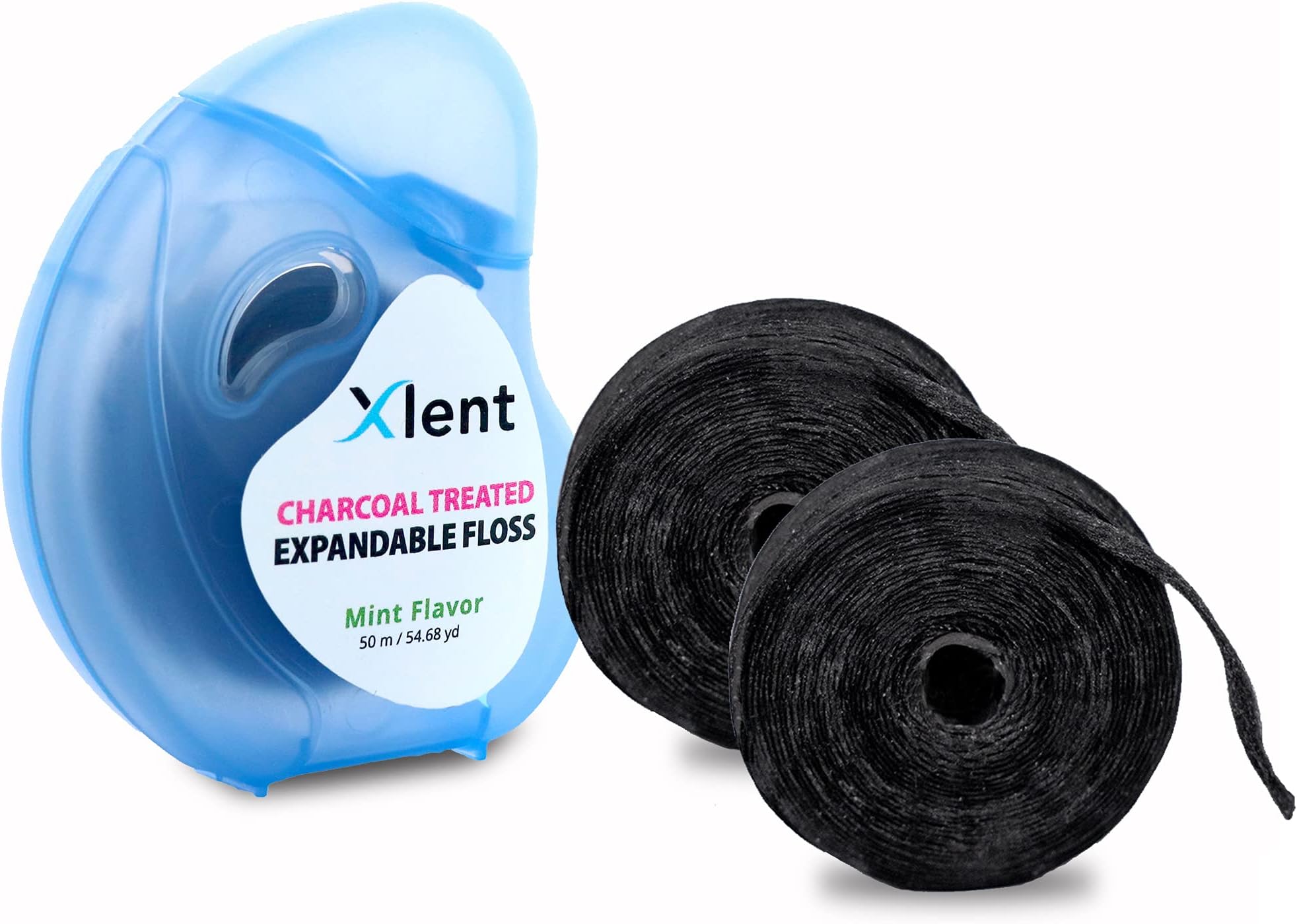 Xlent Expanding Dental Floss – Activated Charcoal with Xylitol – Mint – Refillable Starter Kit (1 Dispenser + 2 Refills, 150m Total) – PFAS & PTFE Free – Plant-Based Wax