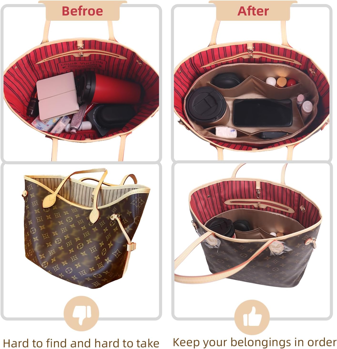 Purse Organizer Insert for Handbags, Tote Bags, Speedy, Neverfull, ONTHEGO, Artsy - Silk Smooth with Bottle Holder - 4 Sizes - Image 3