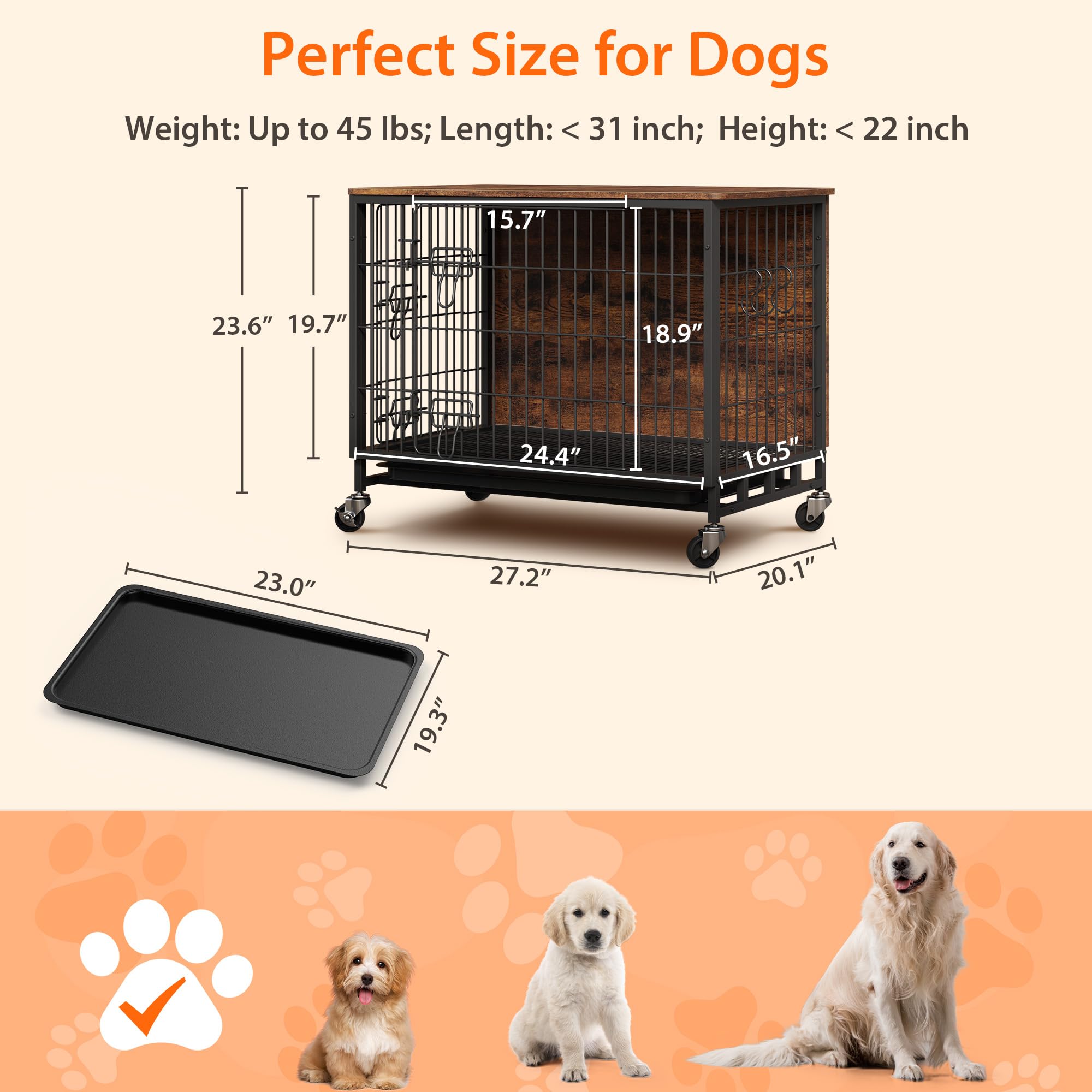Cage pour chien, meuble, avec 2 portes et 4 roues, 83 x 56 x 64 cm, niche moderne d'intérieur avec surface de table en bois et table d'appoint amovible en métal pour chiens de taille moyenne et petite