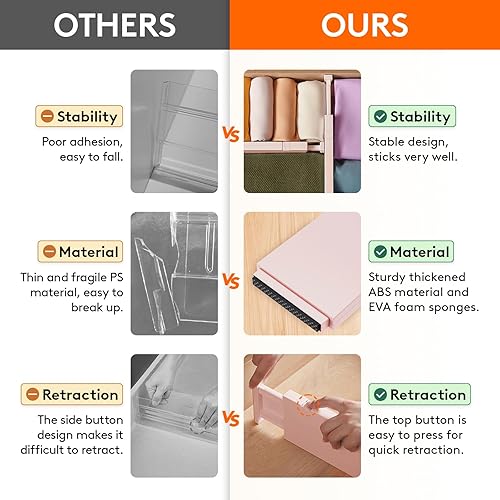 Miniatura 4 de Lifewit Paquete de 9 separadores de cajones de 4 pulgadas de alto, 11 a 17 pulgadas de alto, organizadores de cajones ajustables para ropa,