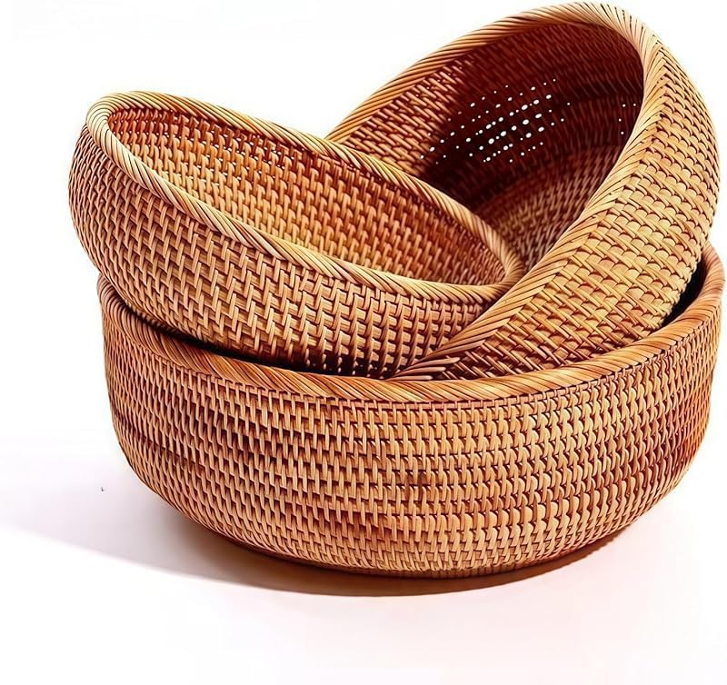 天然ラタン素材手織りフルーツバスケット 3 個セットしっかりしたフレームで形を保ち、積み重ね可能で収納簡単、多目的に使用可能且つナチ