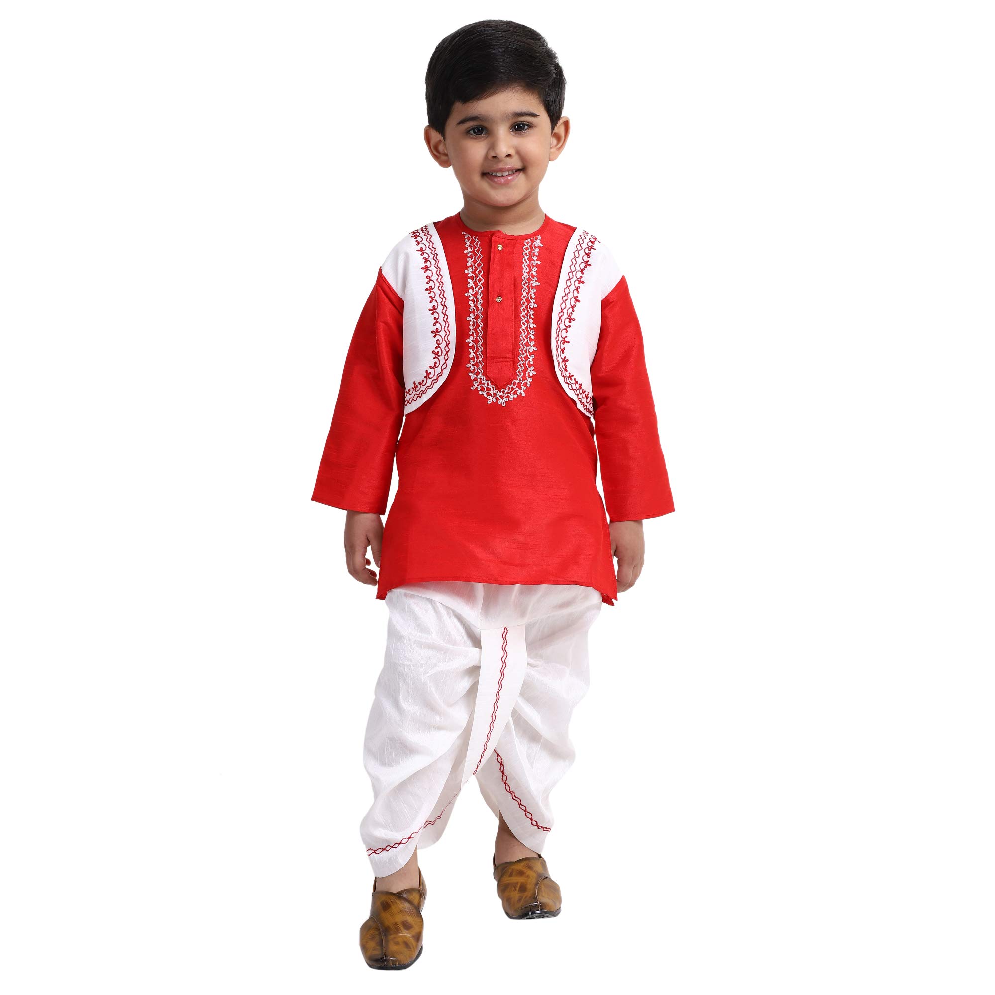 Boys Silk Blend Round Neck Attached Jacket Kurta Dhoti Set