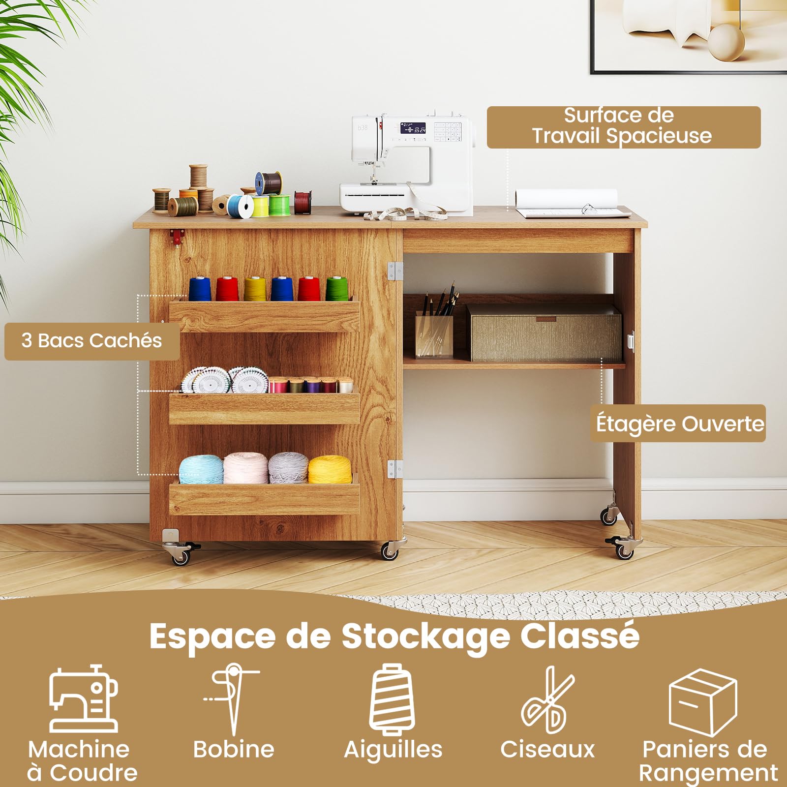 RELAX4LIFE Table de Couture Pliable avec Grand Plateau, 3 Compartiments, Étagère de Rangement, Meuble Gain de Place à roulettes pour Aiguilles, Fils et Ciseaux(Naturel)