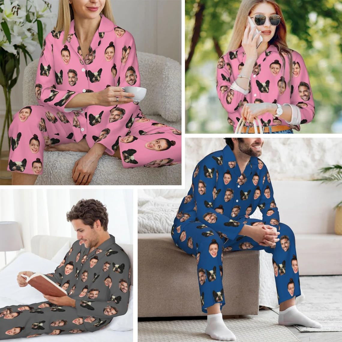 Pyjamas Personnalisés avec Imprimés de Visages, Pyjamas Personnalisés avec Photo, Ensemble Personnalisé avec Imprimés de Chiens et Chats, Tenue de Famille Amusante assortie, Anniversaire Unique pour