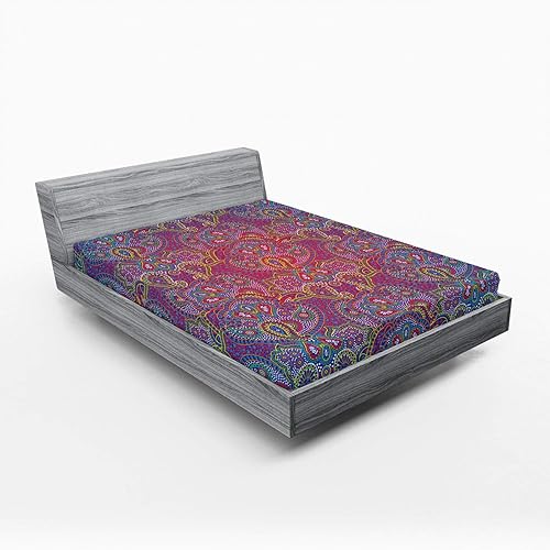 Lunarable Paisley Fitted Sheet, Boho Floral Petals Pattern and Ombre Style Colored Background, Bed Cover with All-Round Elastic Deep Pocket for