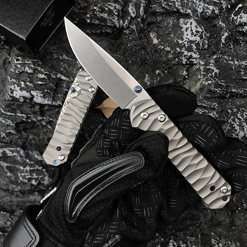 Miniatura 5 de Cuchillo de bolsillo plegable ECD de 6.7 pulgadas, cuchillo plegable de acero de damasco, bloqueo de marco, asas de titanio TC4 con clip de