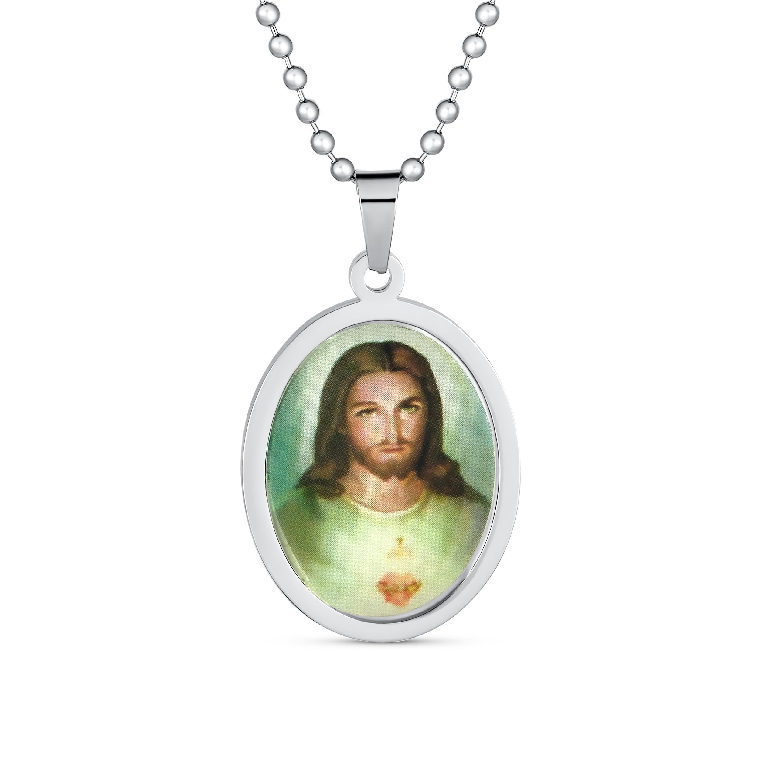 Bling Jewelry Unisex Personalize Oval Religious Medal Medallion Sacred Heart of Jesus Photo Pendant Necklace for Men Teen Silver Tone Customizable