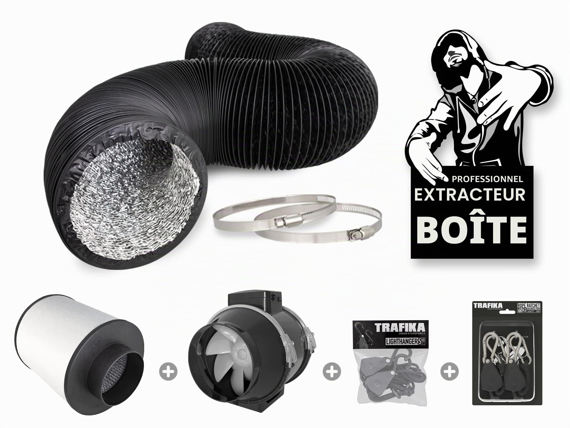 TRAFIKA Kit d'extraction air 125mm 250m³/h – Extracteur, Filtre Charbon, Gaine Flexible, Colliers – Ventilation Anti-Odeur pour Box de Culture intérieure, Tente ou Serre de Jardin