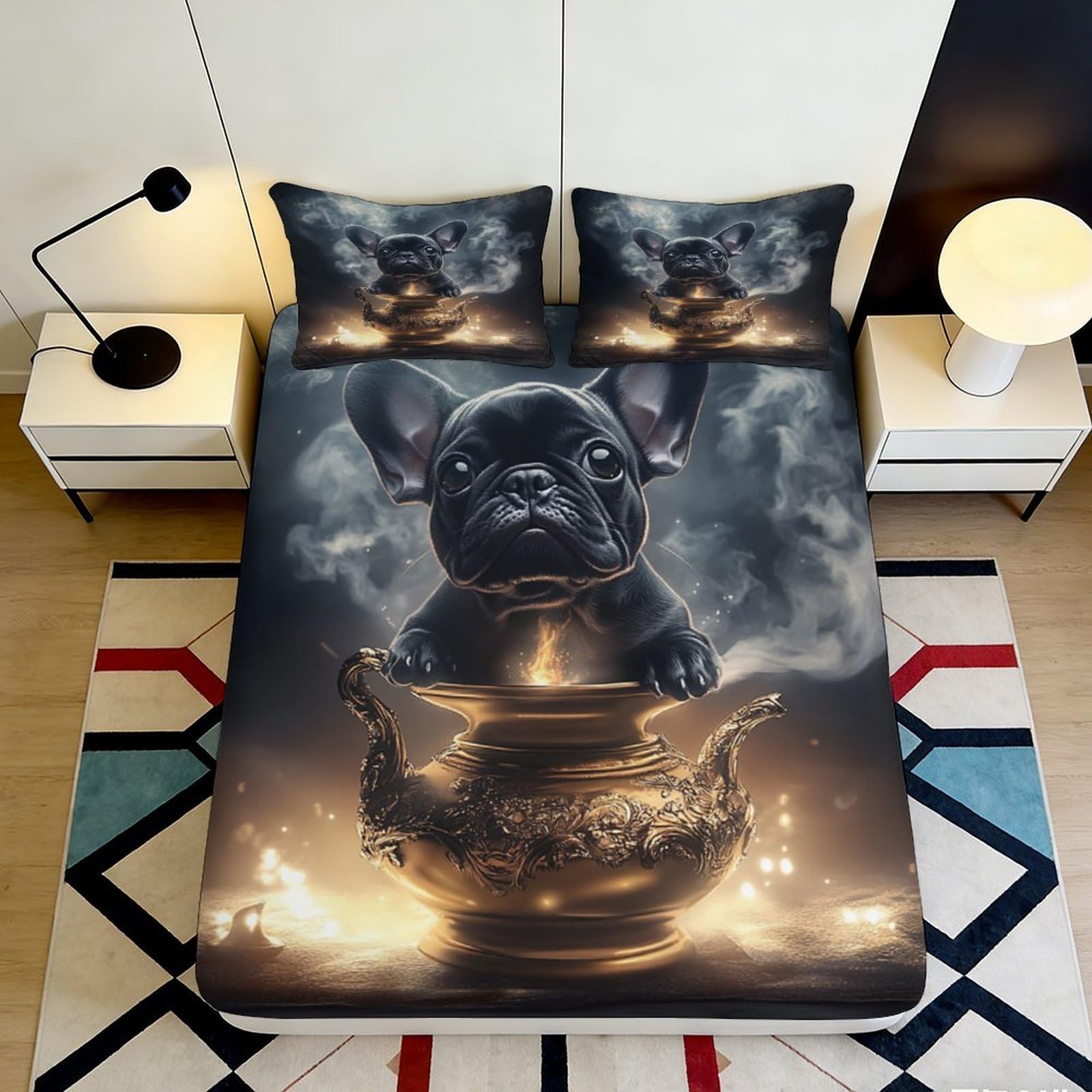 3D Printed Black French Bulldog Fitted Sheet Microfiber Soft Breathable Mystical Smoke Bed Cover for Bedroom Dormitory Guest Room Mattress Protection 140x200x25cm