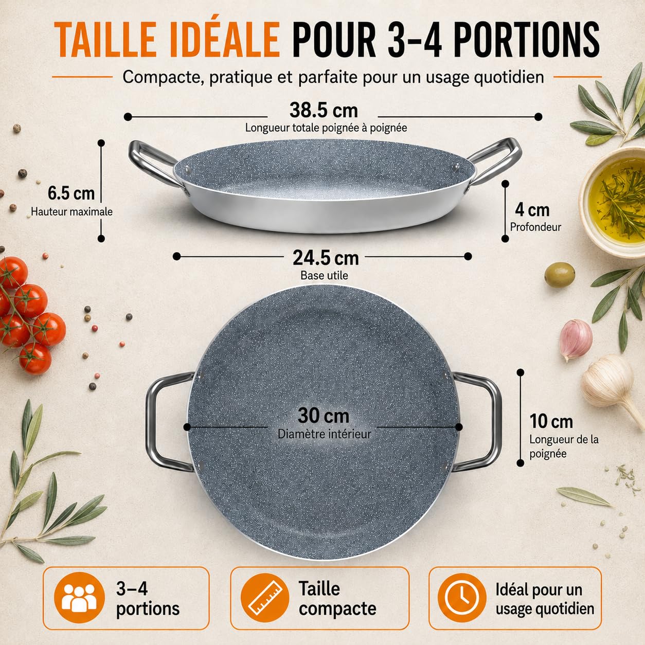 TEHORNEO Poêle Paella, Plat à Paella 30 cm Aluminium Antiadhésif 3-4 Portions, Compatible avec Plaques à Induction, Vitrocéramiques, Gaz