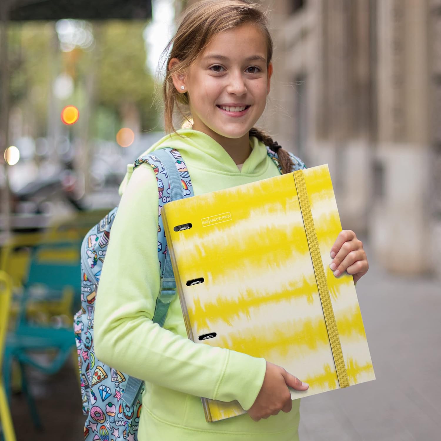Miquelrius - Tie Dye Binder, Binder Folder with 4 Rings + Refill 100 A4 Sheets with 5 mm Grid, 90 g/m² Paper, Elastic Closure, Neon Yellow