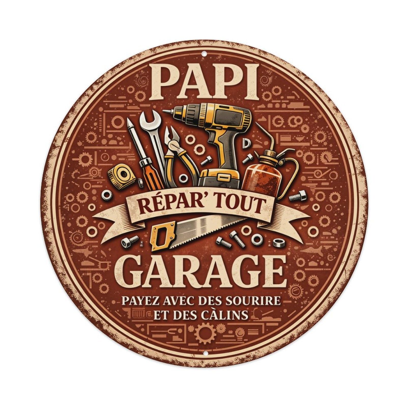 Daddy Repairs Everything Garage Tools Round Tin Sign Vintage Metal Poster, Home Bar Garage Man Cave Cafe Indoor & Outdoor Wall Decoration 8x8Inches