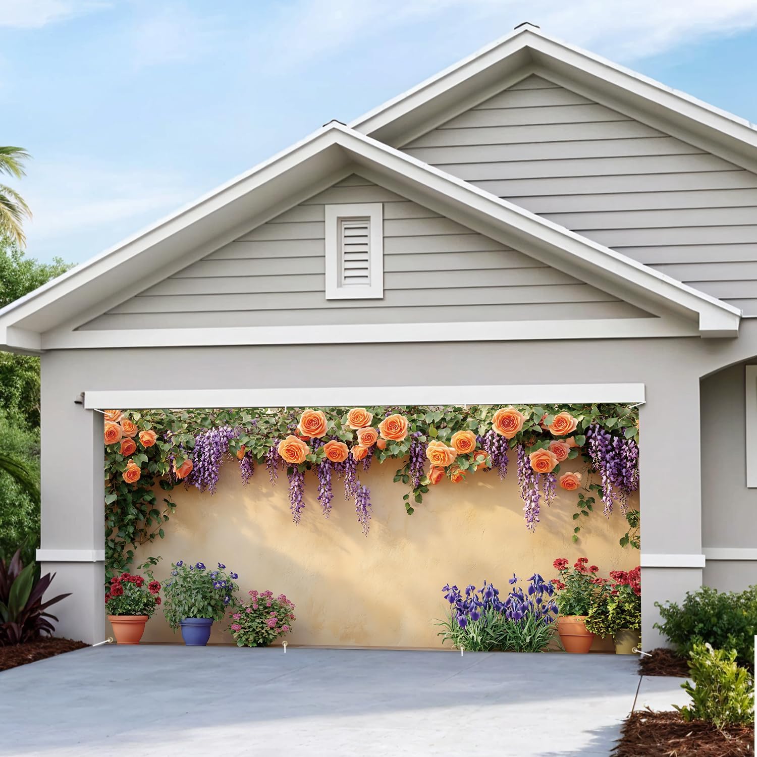 Elegant Vertical Garden Garage Door Banner - Floral Decor with Orange Roses & Purple Wisteria - Waterproof Outdoor Wall Art for Home & Garden
