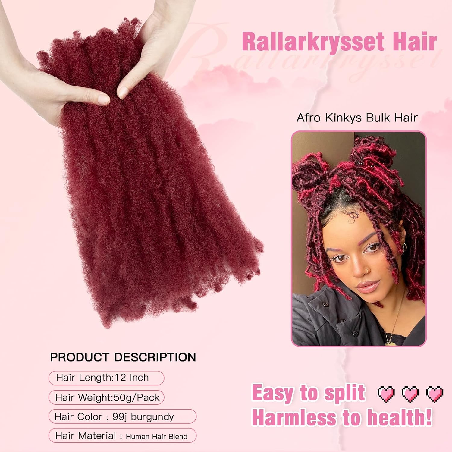 Afro Kinkys Bulk Hair for Twist Braiding, 99J Red Springy Afro Kinky-Curly Hair Bulk for Twists Dreadlocks Extensions Repair Mini Twist Locs Crochet Braids 12 Inch 50g Burgundy